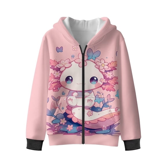 Uorisanigo Pink Axolotl Boys & Girls Zip Up Hoodie Kids Sweatshirt Jacket with Pockets Velvet Lined Long Sleeve Hooded Sweatshirt Jacket Casual Fall Winter Clothing