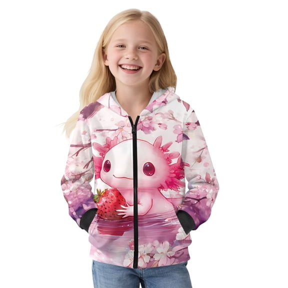 Uorisanigo Pink Axolotl Zipper Hoodie Sweatshirt Coat for Boys and Girls, Soft Oversized Hooded Sweatshirts Fluffy Furry Pullover Shirts Top for Vacation Shopping Exercise Wear