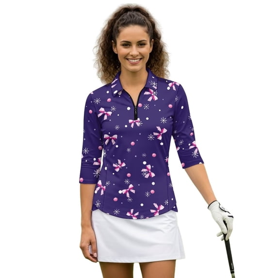 Uorisanigo Pink Bow Womens Quick Dry Athletic Polo Shirts Size L Versatile Comfortable Women's 3/4 Sleeve Athletic Golf Shirts Fashionable Outing Wear Relaxed Pullover for Women