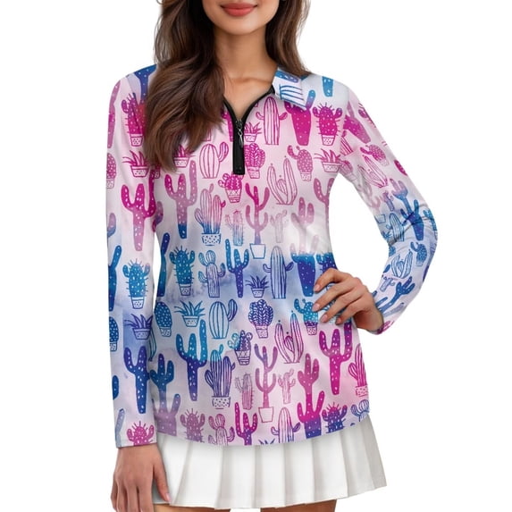 Uorisanigo Pink Cactus Long Sleeve Golf Polo Shirts for Women Size S Relaxed Fashionable Athletic Polo Workout Tops with Zipper Versatile for Workout Sports Size S