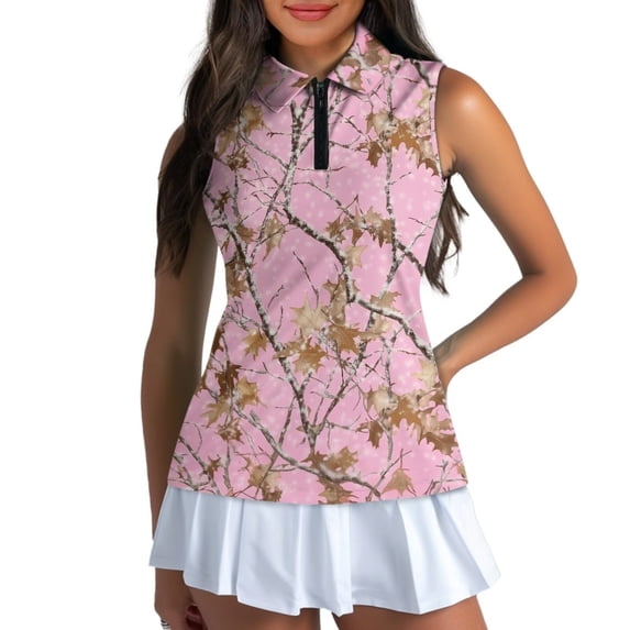 Uorisanigo Pink Camo Forest Womens Golf Shirt Sleeveless Zip Up Shirts Size L Comfortable Women's Dry-Fit Golf Shirts Athletic Tops for Women