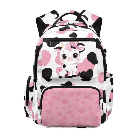 Uorisanigo Pink Cow Print School Backpack for Girls Large Capacity, Lightweight Hiking Daypack for Elementary Teen, Casual Bookbag for Camping Vacation