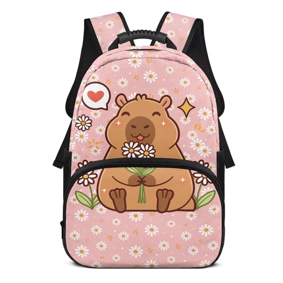Uorisanigo Pink Floral Capybara School Backpack 17 Inch Back to School Backpack for Kids 6-12 Year, Breathable Daypack with Water Bottle Pockets, for School, Camps and Travel