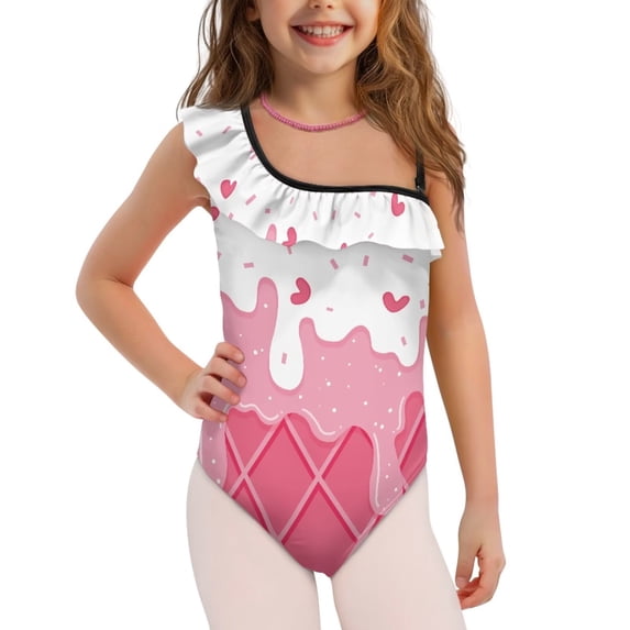 Uorisanigo Pink Ice Cream Cone Bathing Suits for Girls Size 13-14 Ruffle Halter One Piece Pool Party Swimwear Single Spaghetti Strap One Shoulder Swimsuit