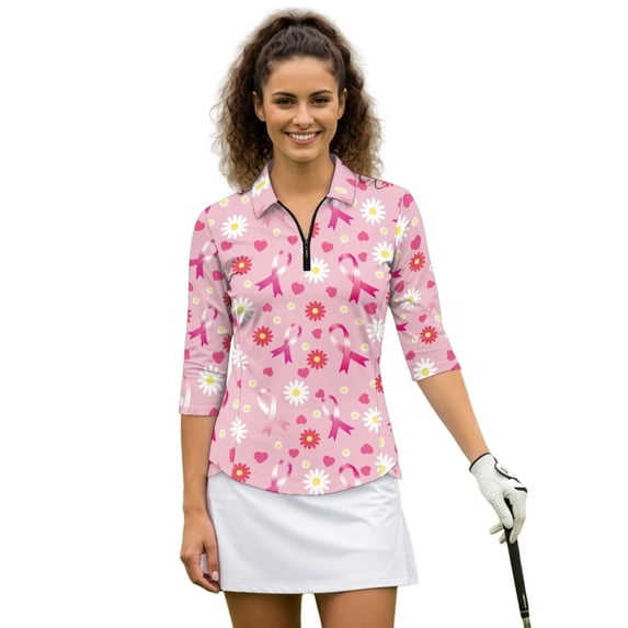 Uorisanigo Pink Ribbon Women's Dry-Fit Golf Polo Shirts Comfortable Versatile Women's 3/4 Sleeve Athletic Golf Shirts Casual Fashionable Workout Tops Stylish Pullover Workout Sports