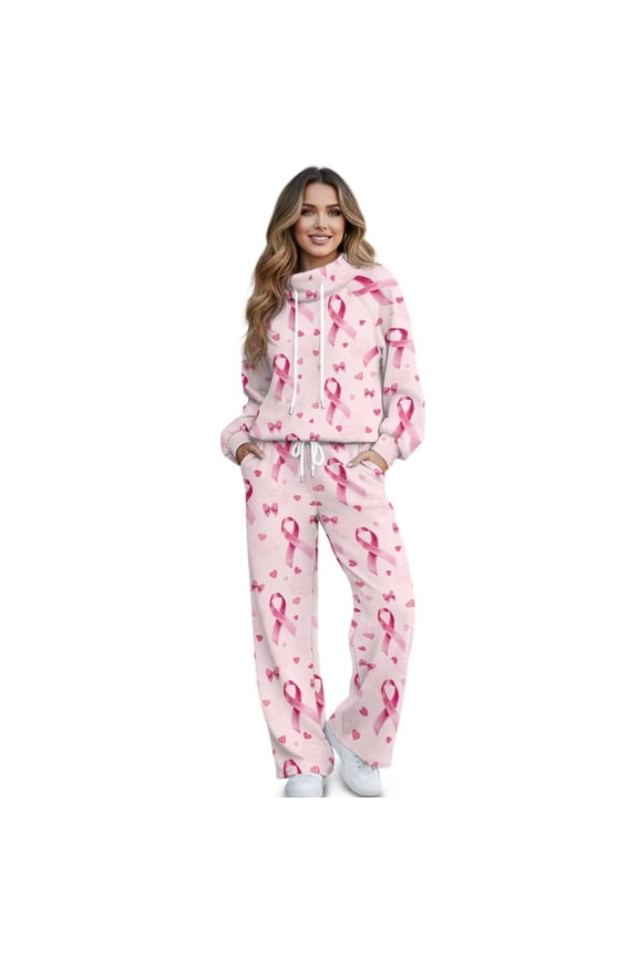 Pink Ribbon Womens 2 Piece Outfits Fall Sweatsuits Oversized Mock Neck Hoodie Wide Leg Sweatpants with Pockets Travel Tracksuit Lounge Sets Drawstring Activewear Plus Size Set