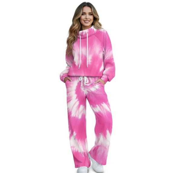 Uorisanigo Pink Tie Dye Women's 2 Pack Lounge Set Mock Neck Sweatshirts Wide Leg with Side Pocket Plus Size Tracksuit Loungewear Baggy Comfy Sweatsuit Travel Airport Outfits