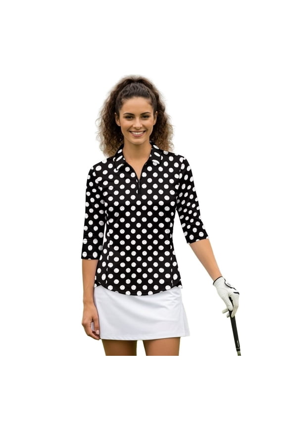 Polka Dot Women's Golf Shirt Size S Fashion Women's 3/4 Sleeve Athletic Golf Shirts Versatile Workout Tops Zip Up Collar Relaxed Quick Dry Outing Wear Workout Sports