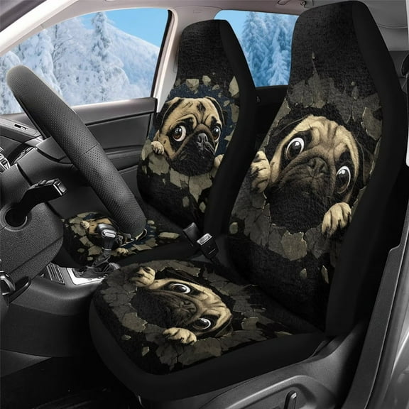 Uorisanigo Pug Print Car Seat Covers, High Back Seat Covers Front Seats Only, Fluffy Automotive Seats Cover Fit for Most Cars, Auto Interior Accessories, Comfortable