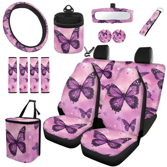 Uorisanigo Purple Butterfly 15Pcs Car Seat Covers Font Rear Set with Car Wheel Cover Protector,Seatbelt Pads,Vehicle Trash Can,Air Vent Pouch,Keychain,Rearview Mirror Cover,Car Coasters,Car Decor