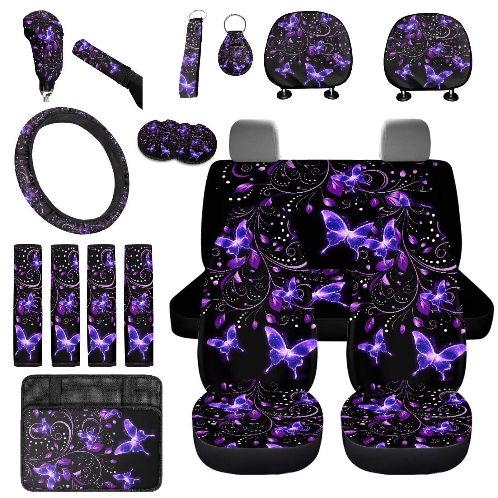 Uorisanigo Purple Butterfly 18pcs Car Seat Covers Full Set with Shoulder Strap Protector Middle Console Cover Steering Cover Headrest Protector Shift Knob Handbrake Covers Coasters Key Chains