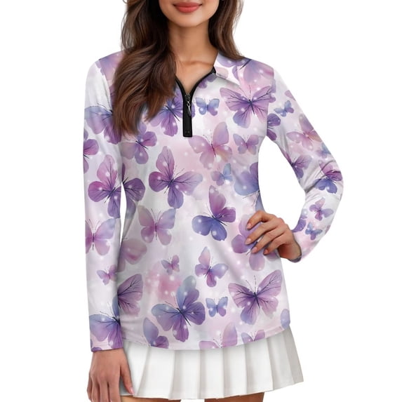 Uorisanigo Purple Butterfly Women's Dry-Fit Golf Polo Shirts with Quarter Zip Fashionable Relaxed Athletic Polo Workout Tops for Women Versatile Athletic Tops
