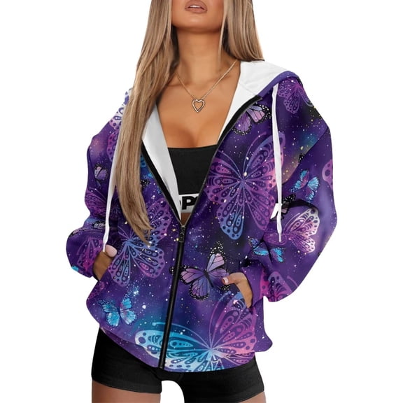 Uorisanigo Purple Butterfly Womens Full Zip Up Hoodies Soft Oversized Long Sleeve Comfy Casual Sweatshirts Comfortable Slight Stretch Fall Fashion Winter Clothes Size L