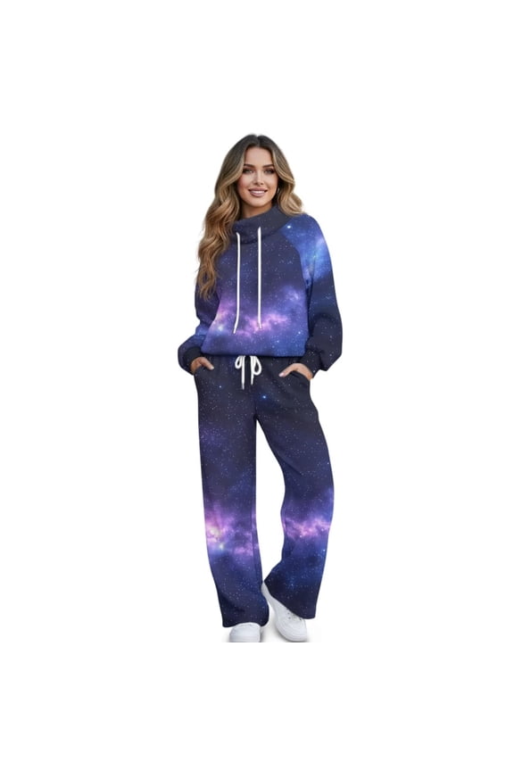 Purple Galaxy 2 Piece Lounge Sweat Sets Plus Size Fall Fashion Matching Pullover Sweatsuits Wide Leg Pants with Side Pocket Travel Outfit Plus Size Tracksuit Activewear