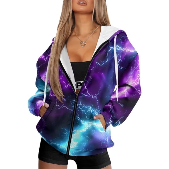 Uorisanigo Purple Lightning Womens Zip Oversized Hoodie Comfortable Oversized Casual Sweatshirts Size 3XL Lightweight Drop Shoulder Comfy Gym Tops