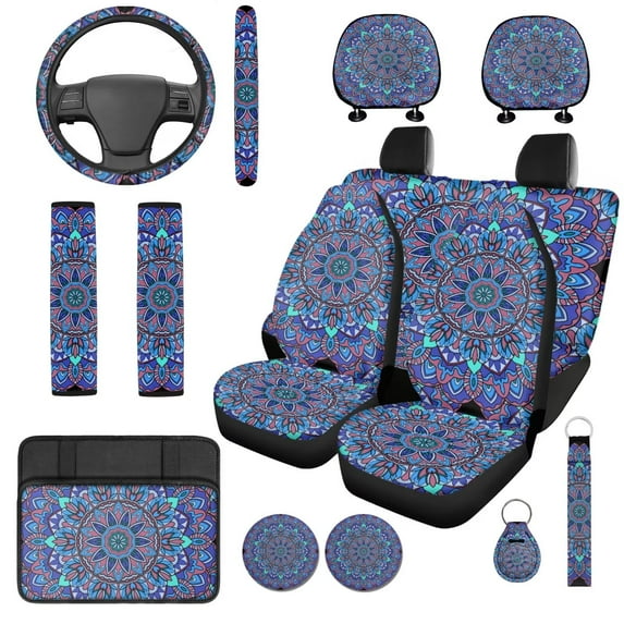 Uorisanigo Purple Mandala Car Seat Covers Sets 14 Pcs Car Steering Wheel Cover and Cars Headrest Cover Center Console Cover and Seat Belt Cover Comfortable Soft Auto Interior for Cars SUVs
