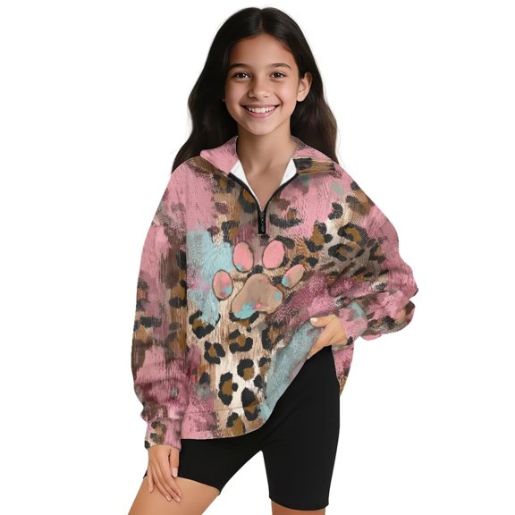 Uorisanigo Quarter Zip Pullover Sweatshirts for Girls, Oversized Long Sleeve Pullover Top, Lightweight Dog Paw Leopard Print School Jackets Shirts for Vacation Shopping Exercise Wear