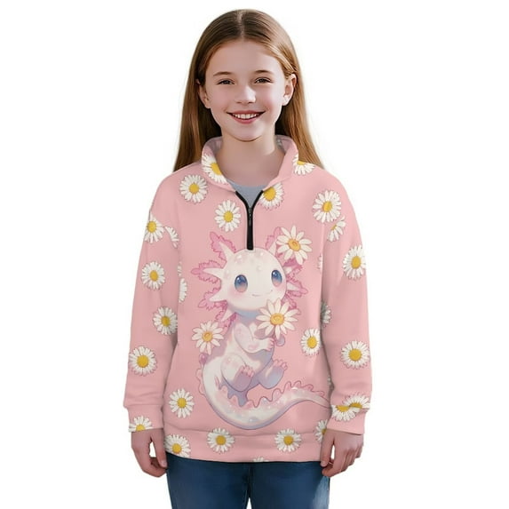 Uorisanigo Quarter Zip Pullover Sweatshirts Long Sleeve Half Zipper Sweatshirts Loose Daisy Axolotl Athletic Pullover Tops Quarter Zipper Hoodies No Hood for Sports and Daily Wear