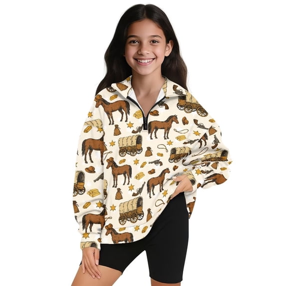 Uorisanigo Quarter Zip Pullover Sweatshirts for Teen Girls, Casual Long Sleeve Zipper Sweatshirts, Vintage Horse Print School Athletic Pullover Jackets for Vacation Shopping Exercise Wear