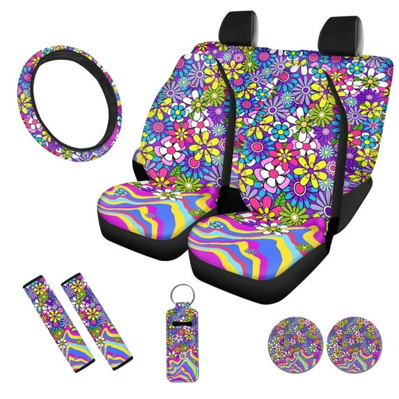 Uorisanigo Rainbow Floral 10 Pack Car Seat Covers with Auto Seat Belt Cover and Steering Wheel Cover Auto Water Cup Pad Chapstick Holder Soft Cars Interior Accessories Universal Fit Car SUV