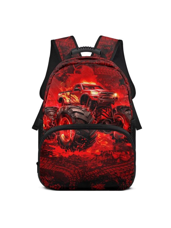 Red Fire Truck Kids Backpack for School Boys 6-12, 17 Inch Durable Backpack with Padded Straps, Casual Rucksack for Travel, Camping and Hiking