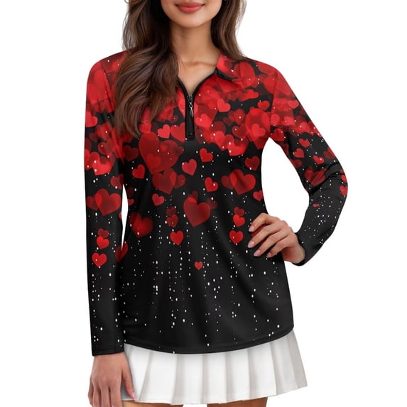 Uorisanigo Red Heart Long Sleeve Golf Polo Shirts for Women Size S Relaxed Comfortable Quick Dry Athletic Polo Shirts Zip Up Collar Pullover for Workout Sports