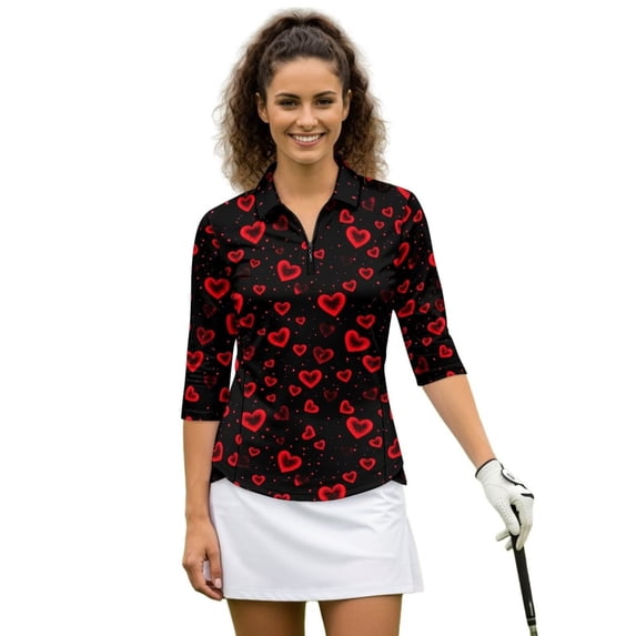 Uorisanigo Red Heart Women's Golf Shirt with 3/4 Roll Sleeve Size L Versatile Women's Dry-Fit Golf Polo Shirts Fashionable Comfortable Quarter Zip Athletic Tops for Workout Sports