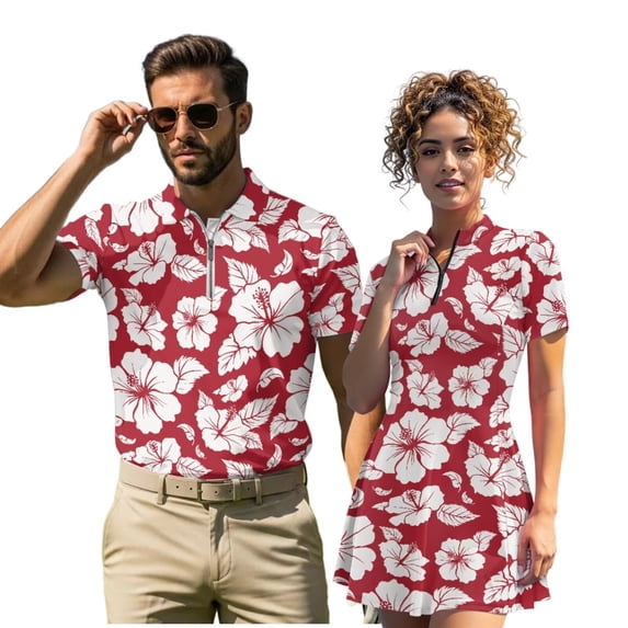 Uorisanigo Red Hibiscus Matching Couple Outfits Mens Golf Shirts Size S Short Sleeve Casual Workout Collared Tops and Womens Short Sleeve Golf Clothes with Built in Shorts and Pockets
