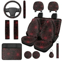Uorisanigo Red Spider Web 14 Pack Automobile Seat Cover Sets Car Steering Wheel Cover and Cars Headrest Cover Center Console Cover Cars Water Cup Coaster Personalized Elastic for Car SUV