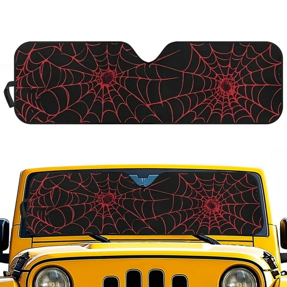 Uorisanigo Red Spider Web Windshield Sun Shade Compatible with 1997-2018 Jeep Wrangler TJ JK JKU, Sunshades Heat Shield, Front Window Sun Shade, Aluminum Foil Film Structure