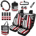 thumbnail image 1 of Uorisanigo Retro American Flag Front Back Seat Cover Full Set Car Steering Wheel Wrap Seat Belt Pad Car Coasters Trash Can Air Vent Pouch Rearview Mirror Cover Key Chain, Set of 15, 1 of 7