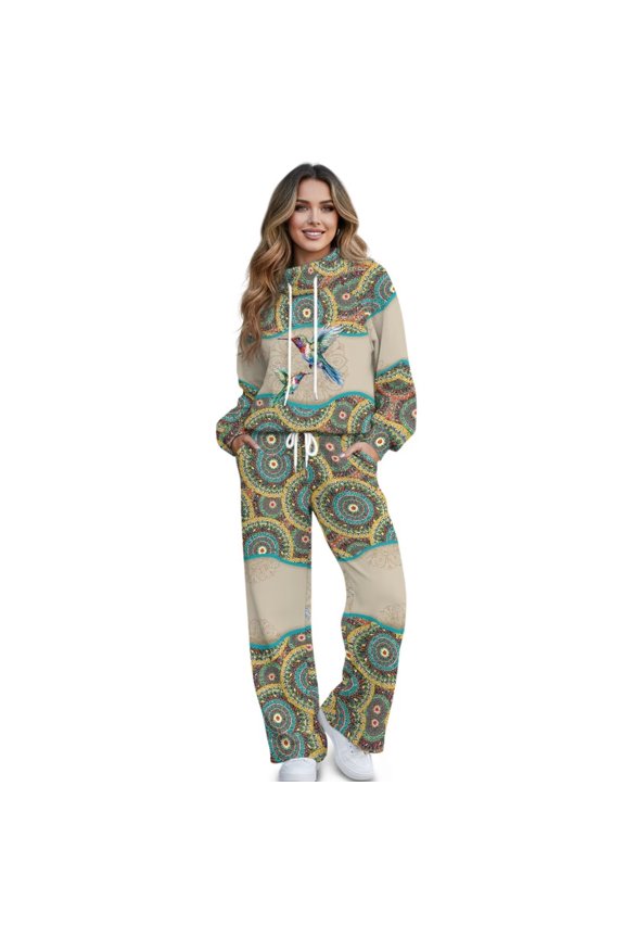 Retro Hummingbirds Womens 2 Piece Outfits Sweatsuits Oversized Mock Neck Hoodie Wide Leg Sweatpants with Pockets Travel Tracksuit Lounge Sets Drawstring Activewear Plus Size Leisure Wear