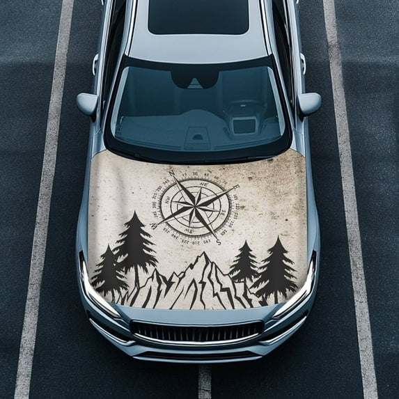 Uorisanigo Retro Mountain Compass Pattern Auto Hood Cover Washable Car Hood Cover Protector Film Stretch Cover Car Hood Cover Protector Suitable for Auto Car Truck, Van, SUV, Pickup