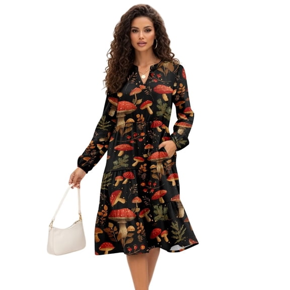 Uorisanigo Retro Mushroom Dress for Women Elegant with Pockets Flowy Casual Long Midi Dresses Comfortable Fashion Waist Party Work Dress, Size Small