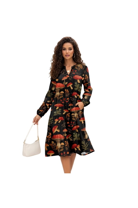 Retro Mushroom Dress for Women Elegant with Pockets Flowy Casual Long Midi Dresses Comfortable Fashion Waist Party Work Dress, Size Small