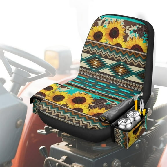 Uorisanigo Riding Lawn Mower Seat Cover with Drink Pouch, Anti Slip Sunflower Aztec Print Tractor Seat Covers, Weatherproof Tractor Seats Cover Cushion Replacement with Back Pocket