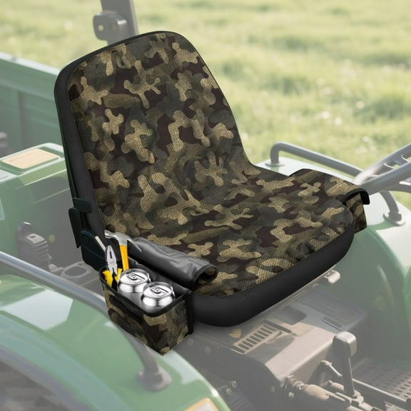 Uorisanigo Riding Lawn Mower Seat Cover for John Deere, Heavy Duty Green Camouflage Print Tractor Seat Cover with 2 Side Bags & 1 Back Pockets, Compatible with Cub Cadet, for Craftsman