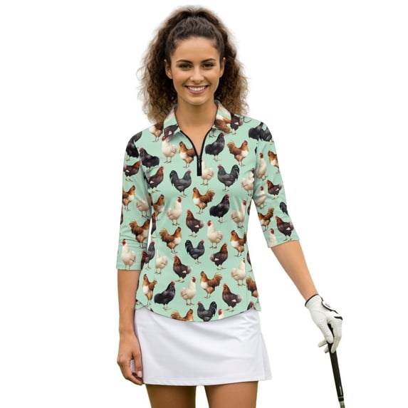 Uorisanigo Rooster Womens Moisture Wicking Casual Tennis Activewear Comfortable Breathable Athletic Polo Workout Tops 3/4 Roll Sleeve Fashionable Versatile Outing Wear Size 2XL