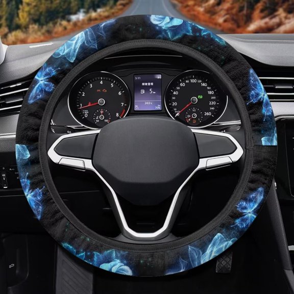 Uorisanigo Rose 15 Inch Steering Wheel Cover for Women Blue Car Steering Wheel Protector Waterproof Car Steering Wheel Cover for Winter Flannel Car Accessories Novelty Car Decor Gift for Sister