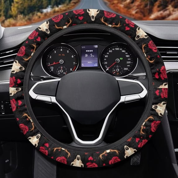 Uorisanigo Rose Fluffy Steering Wheel Cover Deer Print Car Steering Wheel Cover 15 Inch Soft Car Steering Wheel Protector for Winter Breathable Car Wheel Cover Thicken Car Decor Gift for Holiday