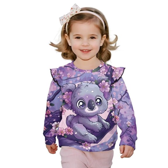 Uorisanigo Ruffle Shoulder Sweatshirt Cute Clothes Soft and Comfortable Floral Sloth Purple Pullover Sweatshirts for Girls Casual Sweatshirts Size 1-8