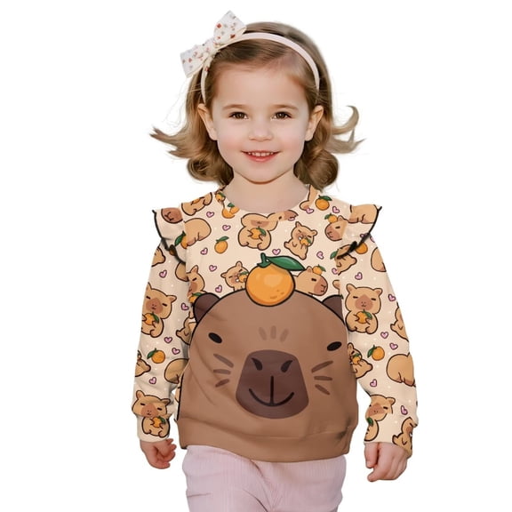 Uorisanigo Ruffle Sweatshirt Girls Kids Pullover Sweater Tops, Soft and Comfortable Cute Orange Capybara Pullover Sweatshirts Kids Long Sleeve Shirts Tops Fall Trendy