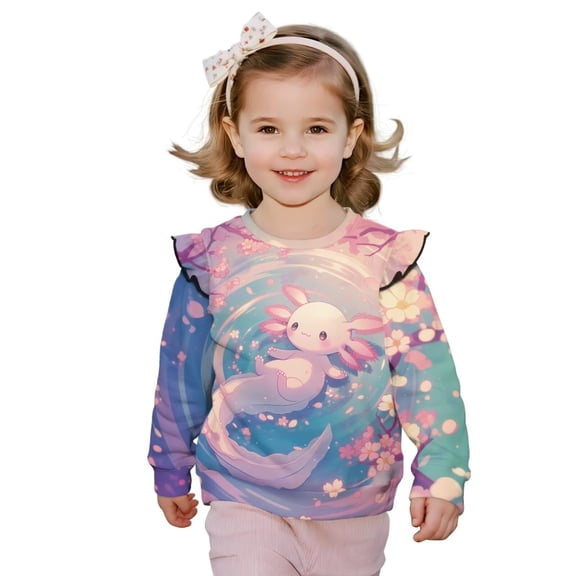 Uorisanigo Ruffle Sweatshirts Crewneck Pullover Sweatshirt Fall Winter Casual Long Sleeve Sweater Kawaii Axolotl Pink Shirt Soft and Comfortable Clothes