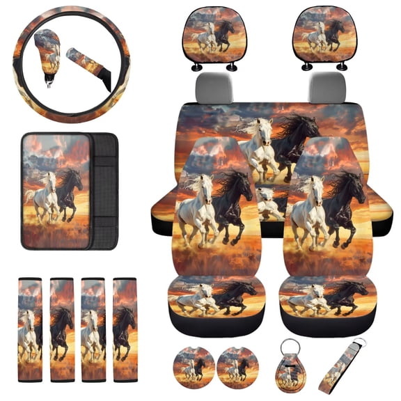 Uorisanigo Running Horses Car Seat Cover 18 PCS, Steering Wheel Covers Universal Seat Belt Shoulder Pad Car Coasters Shift Knob Hand Brake Covers Headrest Center Console Cover and Key Chains