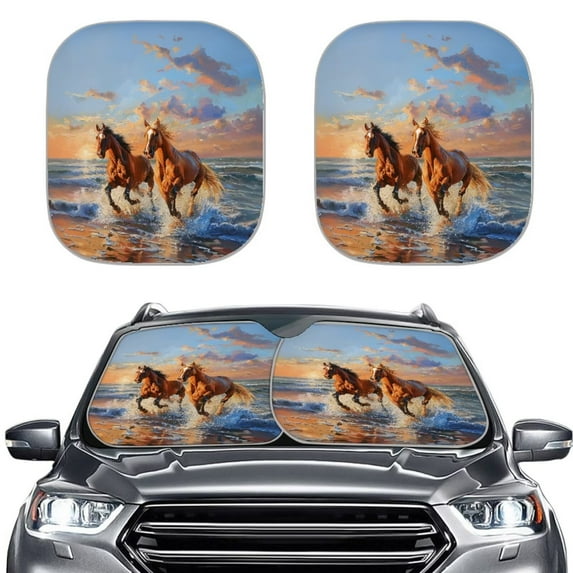 Uorisanigo Running Horses Car Sun Shade Folding 2-Pack Car Front Window Sunshades Car Decor Reflective Polyester Blocks Heat and Sun Keeping Your Vehicle Cooler