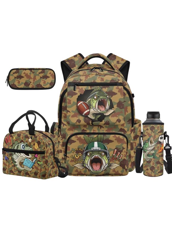 School Backpack 4-in-1 Set, Casual Rucksack with Front Zipper Pocket, Thermal Lunch Bag, Water Bottle Carrier and Pencil Case for Middle School Fish Camo Pattern