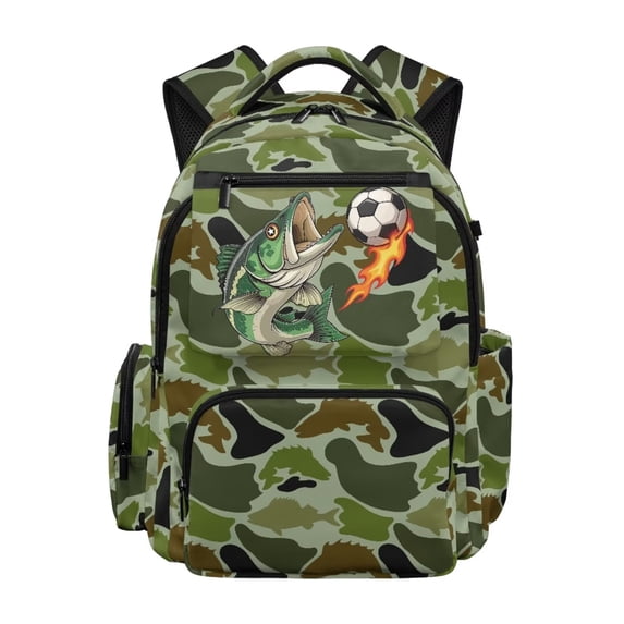 Uorisanigo School Backpack for Girls Ages 6-12, Breathable Daypack with Adjustable Shoulder Straps, Ideal for Preschool, Camping and Hiking Green Soccer Fish Camo