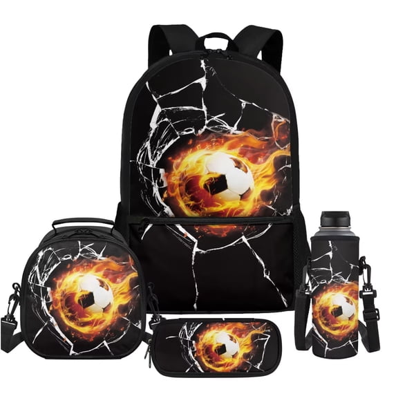 Uorisanigo School Backpack Kids 4-Packs Fire Soccer Backpacks Set with Insulated Lunch Box Bag Pencil Case Water Bottle Holder for Preschool Elementary Primary Girls Boys Teens