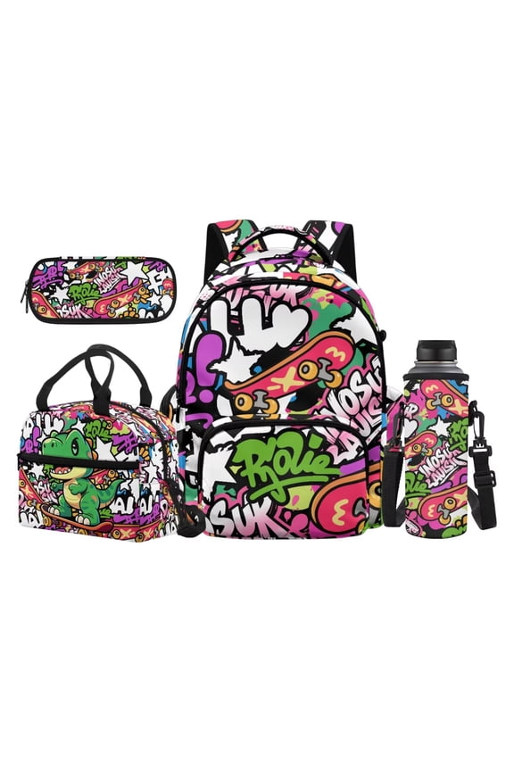 School Backpack Set for Boys 5-12 17 Inch Pop Art Graffiti Print Bookbag with Front Pocket Meal Bag Water Carrier Pouch and Pencil Holder for Sports
