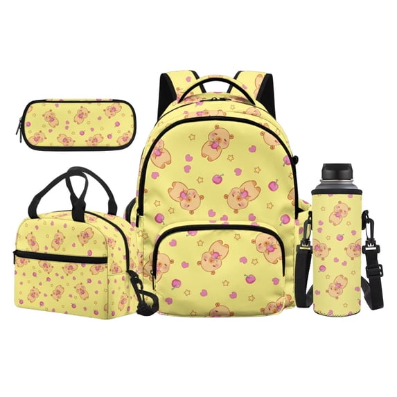 Uorisanigo School Backpack Set for Middle School Students 17 Inch Large Capacity Rucksack with Lunch Box Water Bottle Bag and Pencil Holder Yellow Capybara Print